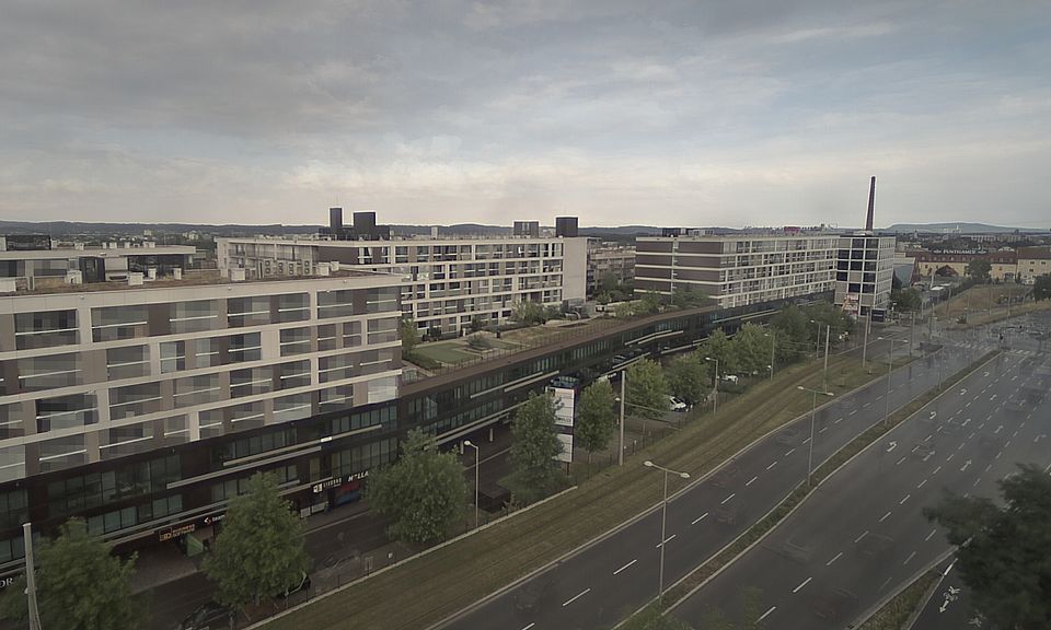 Livebild Baukamera 2 - Webcam 'Gesamtansicht Südwest' - Baustelle Stadtteil Brauquartier, Graz-Puntigam (ca. 5 Minuteninterval)