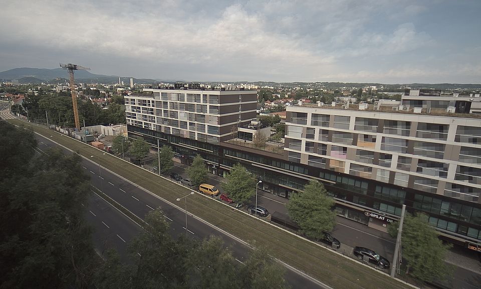 Livebild Baukamera 4 - Webcam 'Gesamtansicht Nordwest' - Baustelle Stadtteil Brauquartier, Graz-Puntigam (ca. 5 Minuteninterval)