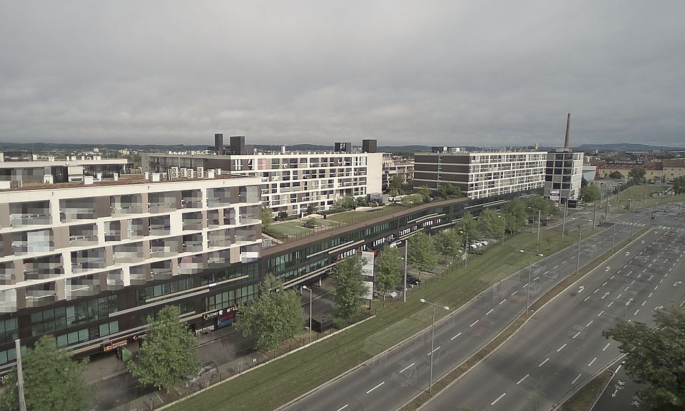 Livebild Baukamera 2 - Webcam 'Gesamtansicht Südwest' - Baustelle Stadtteil Brauquartier, Graz-Puntigam (ca. 5 Minuteninterval)