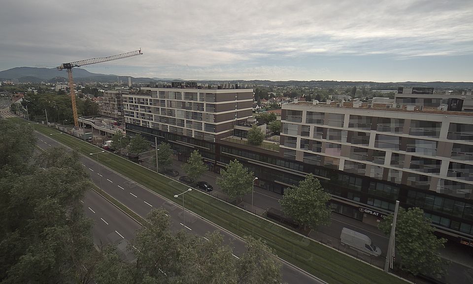 Livebild Baukamera 4 - Webcam 'Gesamtansicht Nordwest' - Baustelle Stadtteil Brauquartier, Graz-Puntigam (ca. 5 Minuteninterval)