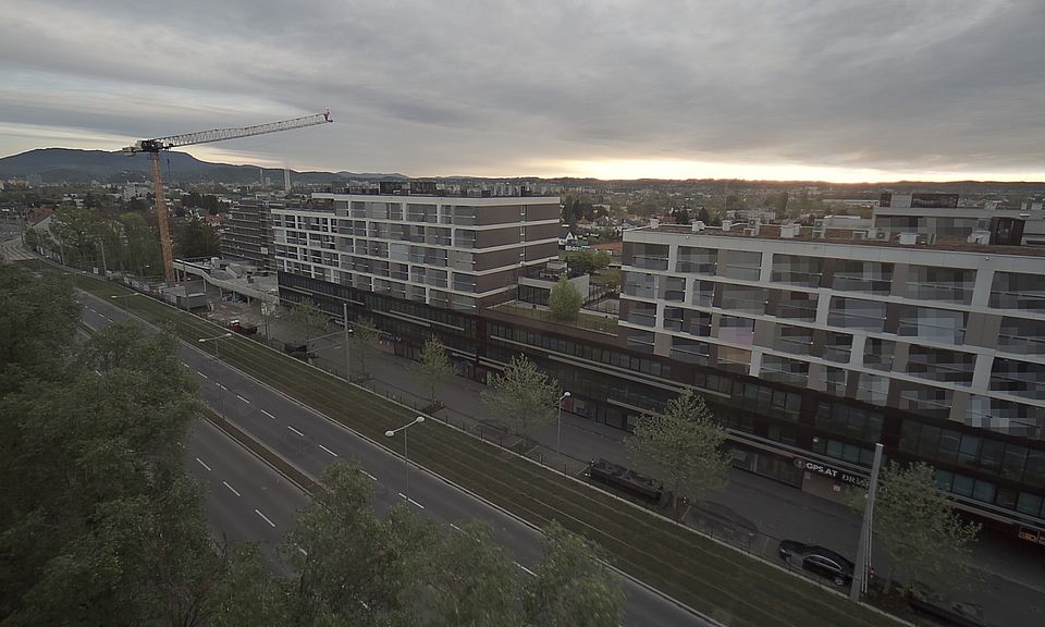 Livebild Baukamera 4 - Webcam 'Gesamtansicht Nordwest' - Baustelle Stadtteil Brauquartier, Graz-Puntigam (ca. 5 Minuteninterval)