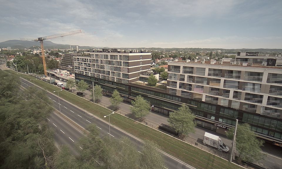 Livebild Baukamera 4 - Webcam 'Gesamtansicht Nordwest' - Baustelle Stadtteil Brauquartier, Graz-Puntigam (ca. 5 Minuteninterval)