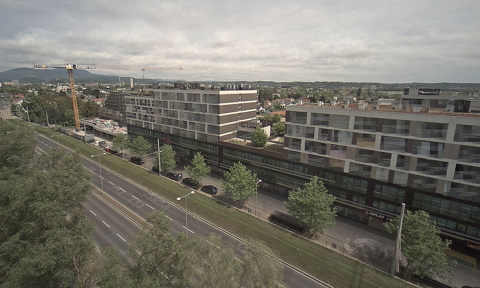Livebild Baukamera 4 - Webcam 'Gesamtansicht Nordwest' - Baustelle Stadtteil Brauquartier, Graz-Puntigam (ca. 5 Minuteninterval)