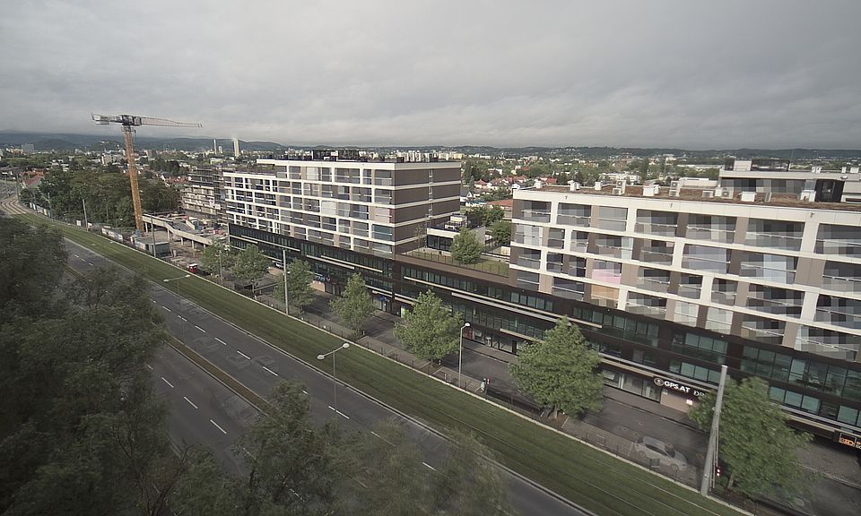 Livebild Baukamera 4 - Webcam 'Gesamtansicht Nordwest' - Baustelle Stadtteil Brauquartier, Graz-Puntigam (ca. 5 Minuteninterval)