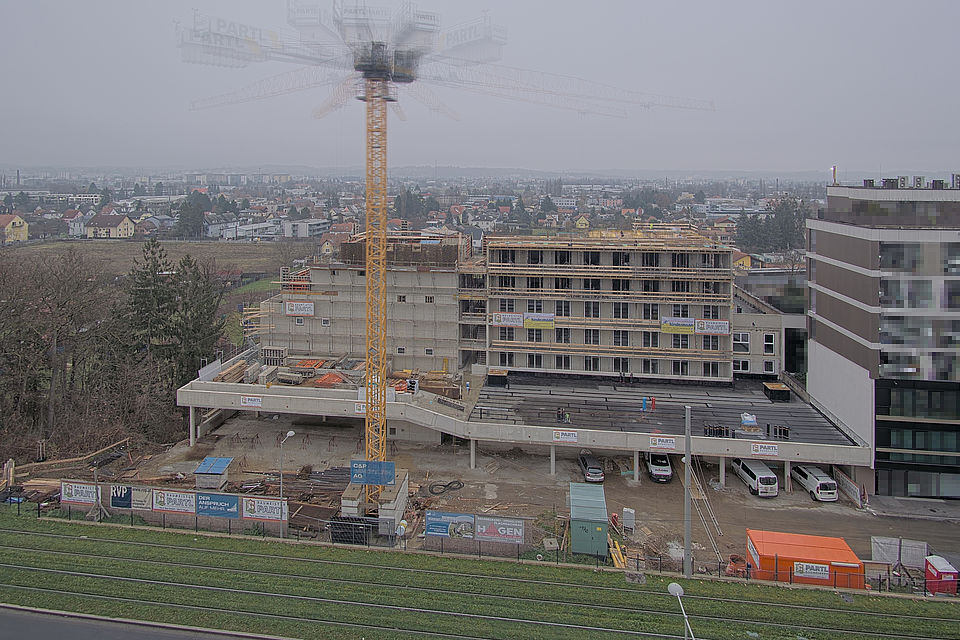 Livebild Baukamera 5 - Webcam 'Gesamtansicht Westseite Bauteil 09' - Baustelle Stadtteil Brauquartier, Graz-Puntigam (ca. 5 Minuteninterval)