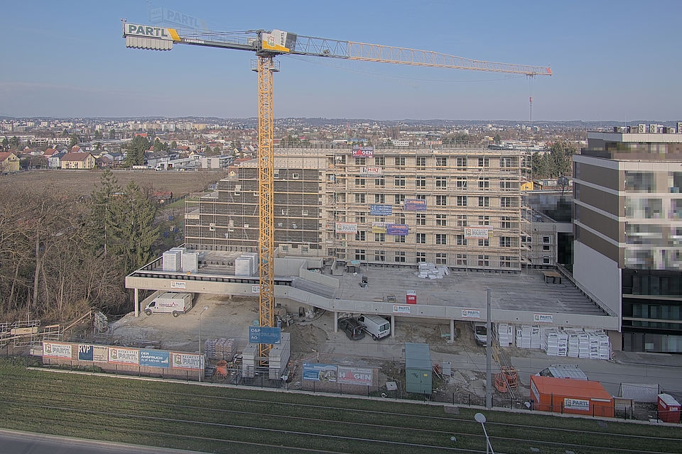 Livebild Baukamera 5 - Webcam 'Gesamtansicht Westseite Bauteil 09' - Baustelle Stadtteil Brauquartier, Graz-Puntigam (ca. 5 Minuteninterval)